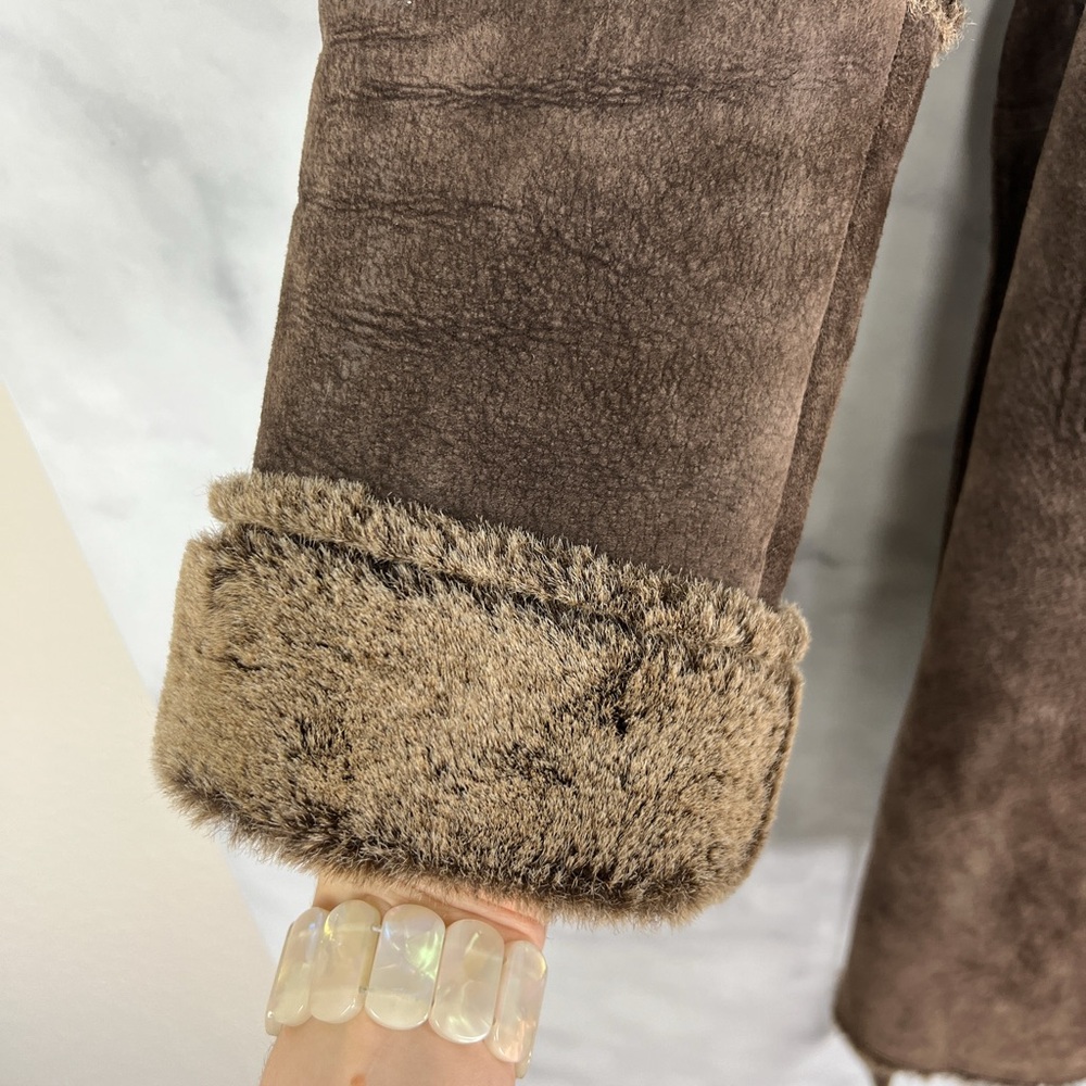 Express Vintage Y2K Suede Leather Faux Fur Belted Button Up Trench Coat Brown L - Picture 4 of 12